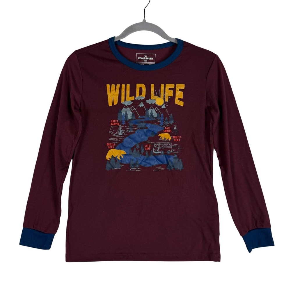 Eddie‎ Bauer Shirt Kids 10-12 Red Wild Life Bear Camping Ringer Long Sleeve Tee